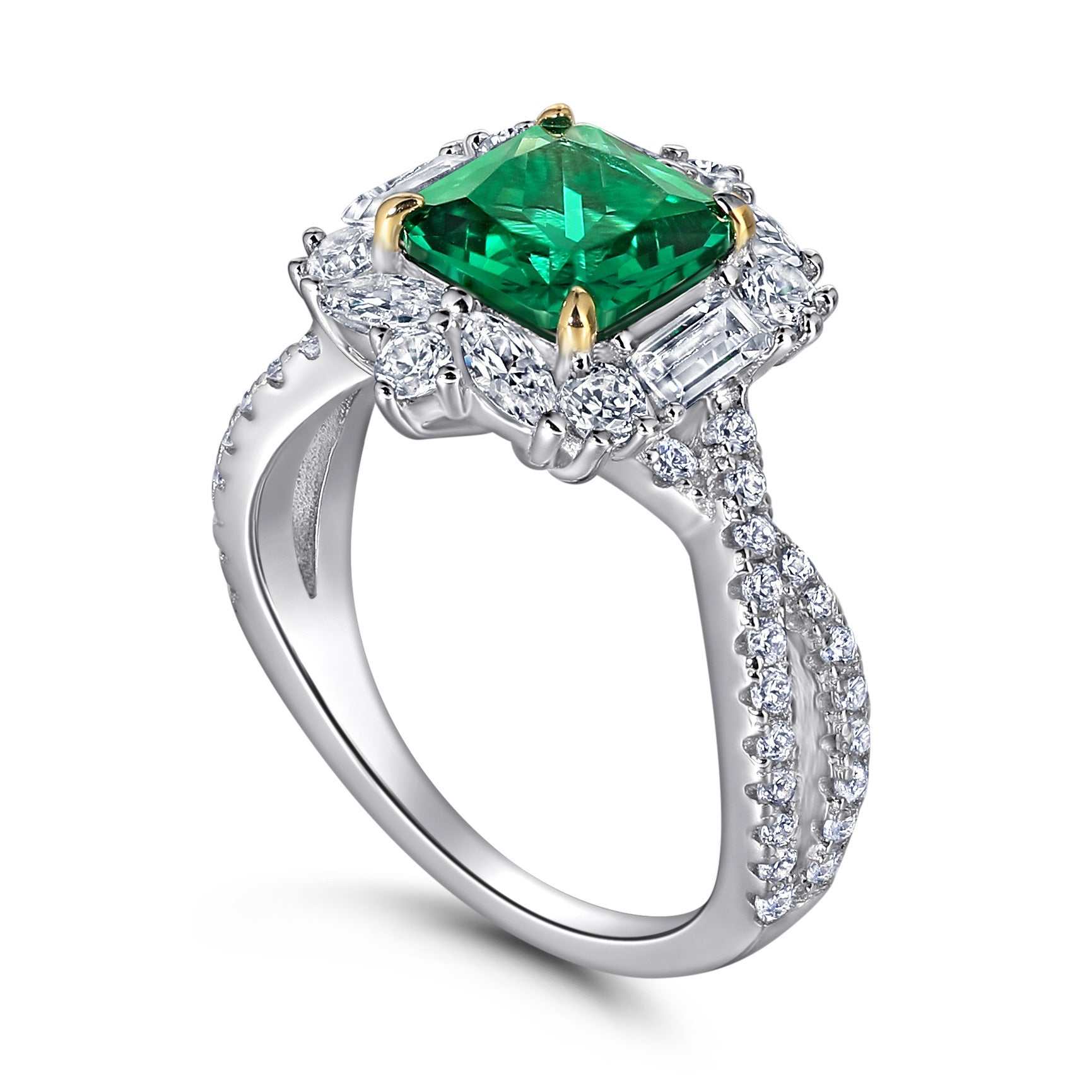 European style grandmother engagement ring with emerald center stone and diamond accents in 925 silver