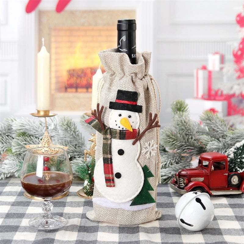 Christmas Holiday Decorations Linen Red Wine Bottle Bag