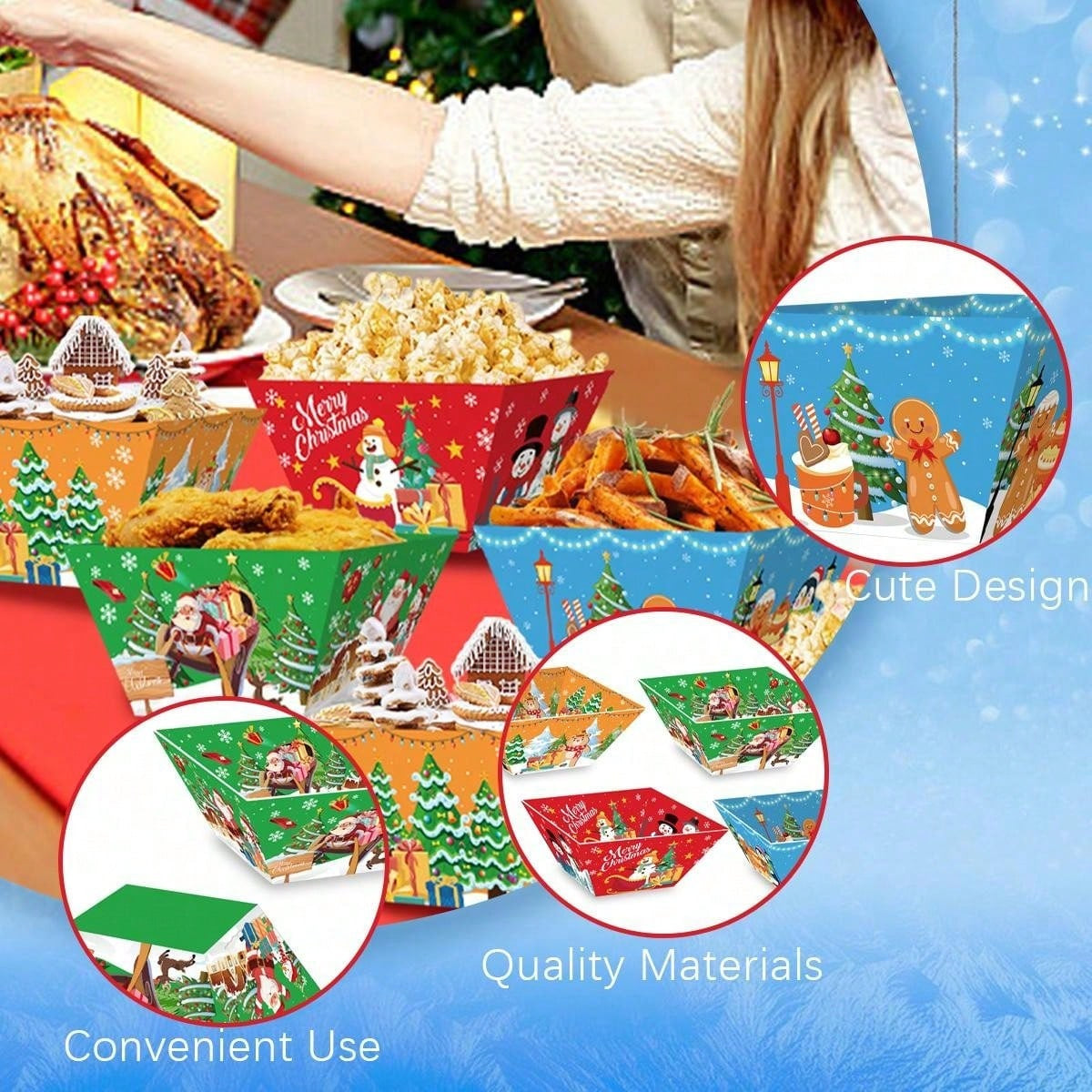12 PCS Christmas Paper Food Tray Xmas Decorations Christmas Gingerbread Man Disposable Snack Popcorn Bowl Popcorn Containers Boxes For Winter Christmas Party Supplies