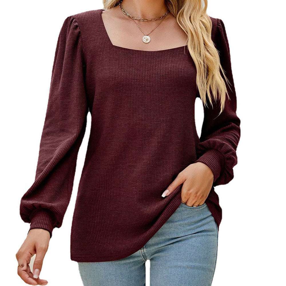 Women's U-neck Pleated Puff Sleeve Top Loose Casual Solid Color T-shirt