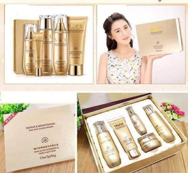 6pcs moisturizing and hydrating care set with cleanser, toner, lotion, cream, eye cream, and BB cream in gold packaging