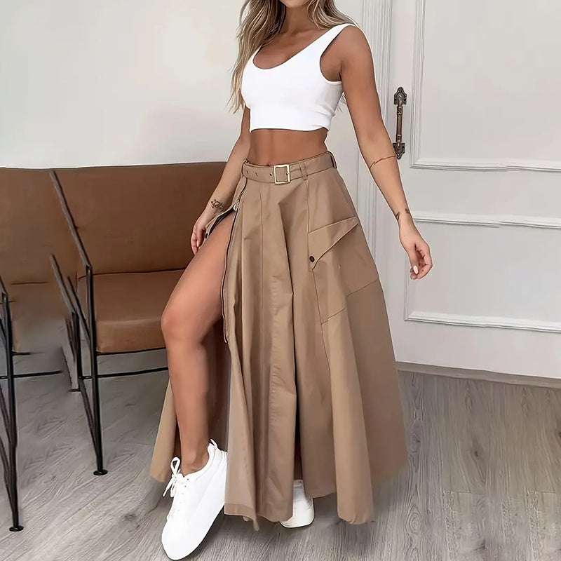 Women Two Piece Outfits Summer Cropped Vest Top High Waisted Slit Skirt Casual Matching Sets