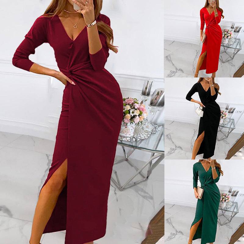 V Neck Long Sleeved Split Dress Evening Gift