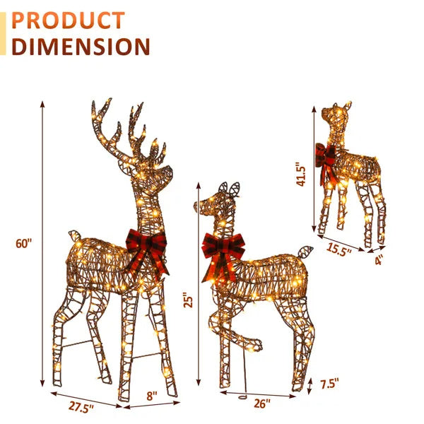 3-Piece Lighted Christmas Reindeer Family Set Outdoor Decorations, Weather Proof Rattan Deer Family Set Of 3 Christmas Ornament Home Decor Pre-lit 290 LED Warm White Lights, 5FT, Brown