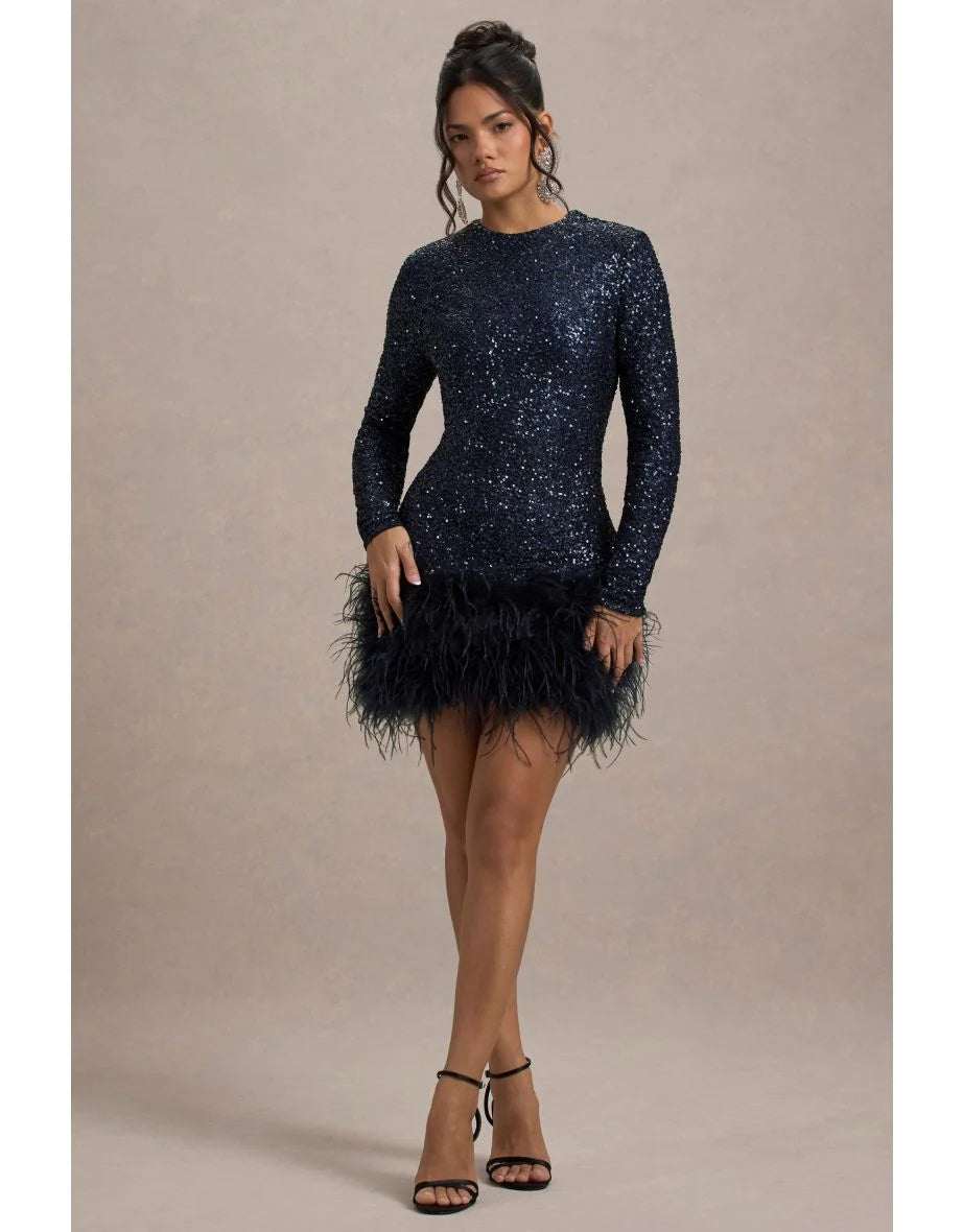 Women's Long Sleeve Sequined Feather Dress Round Neck