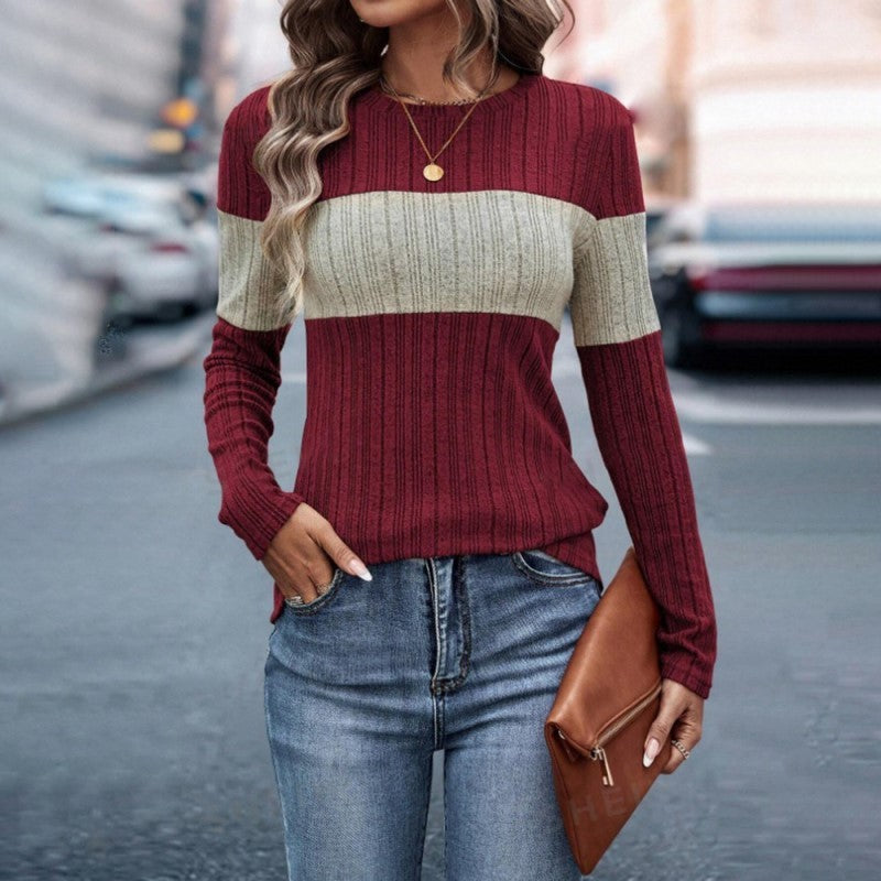 Women's Elegant Color-Block Round Neck Top - Basic Solid Color Contrast Casual Shirt For Fall&Winter