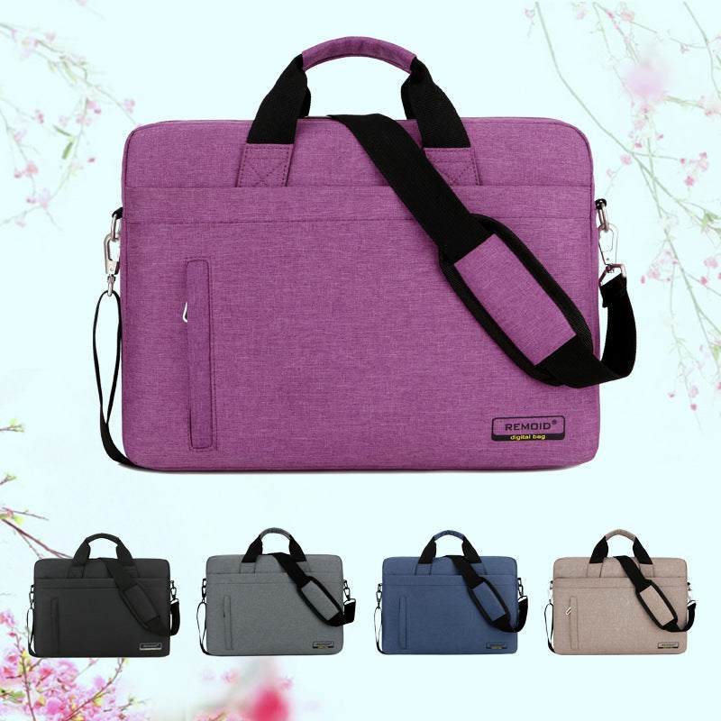 Waterproof shoulder bag for laptops in purple with adjustable strap, displayed alongside black, gray, blue, and beige options.