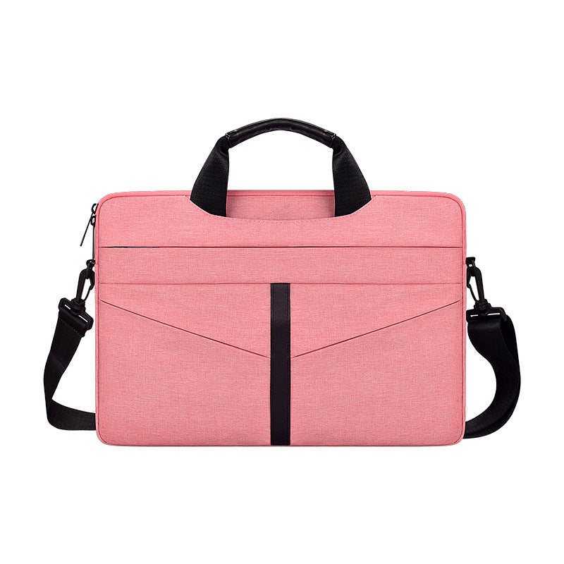 waterproof shoulder computer bag in pink color with black straps and handles, featuring a sleek design and multiple compartments.