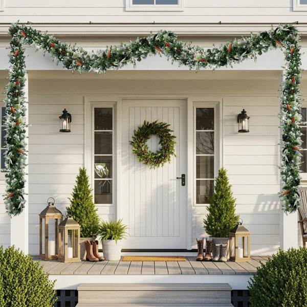 pre-lit snow flocked Christmas garland adorning a festive front porch with greenery and decorative lanterns.
