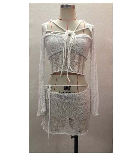 Fashion Sequin Embroidery Knitted Sweater Three-piece Set