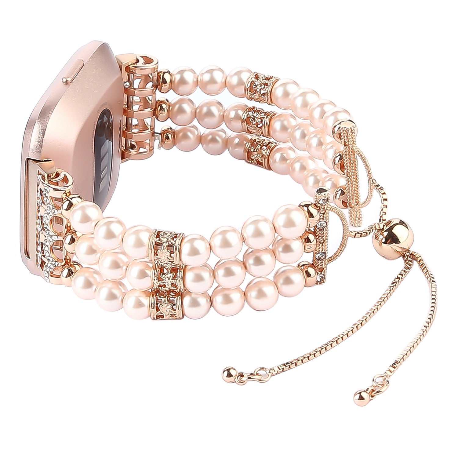Pearl strap wristband with three rows of pearls and gold alloy accents for Versa series smartwatch