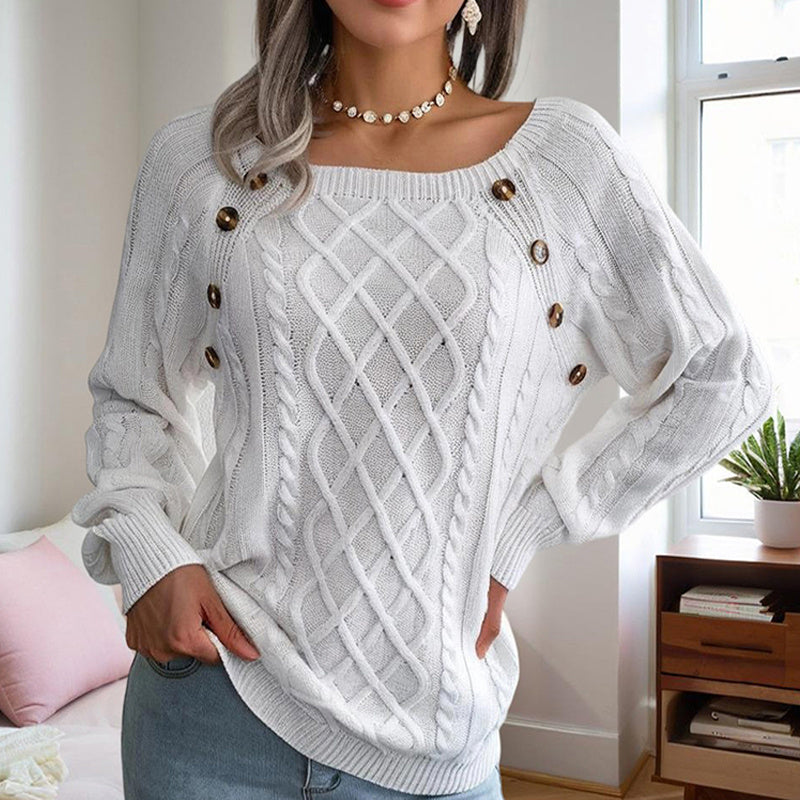 Women's cozy square neck knit top with button details and textured ribbed pattern, perfect for fall and winter.