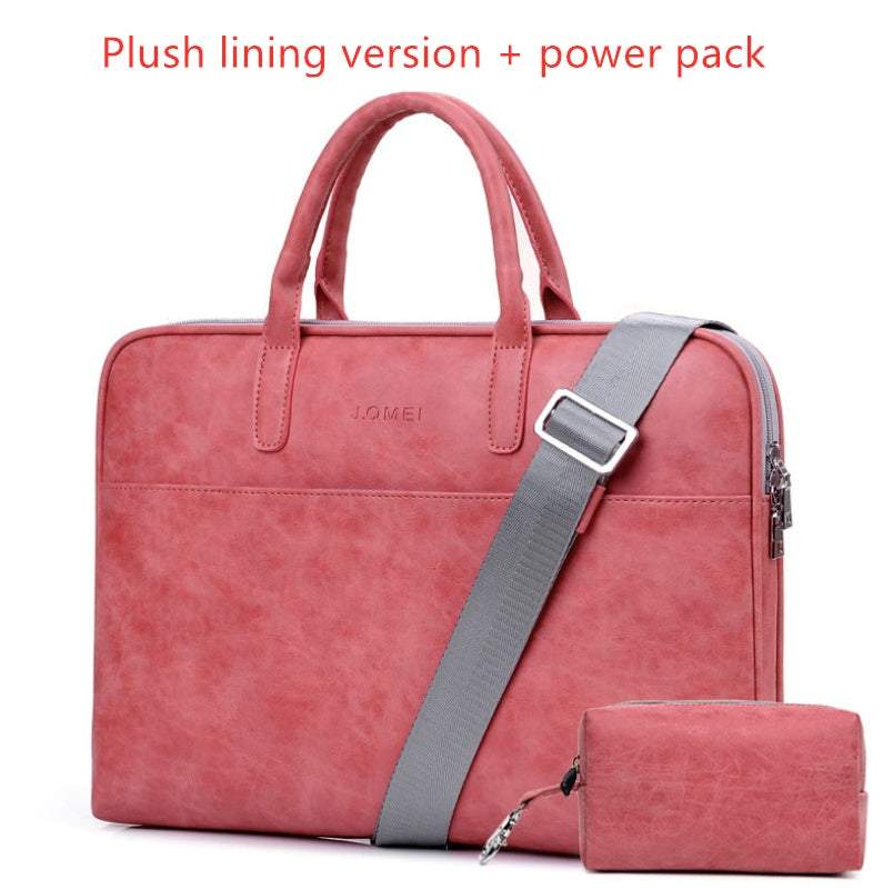 Faux leather laptop bag for women in pink with a plush lining and power pack.