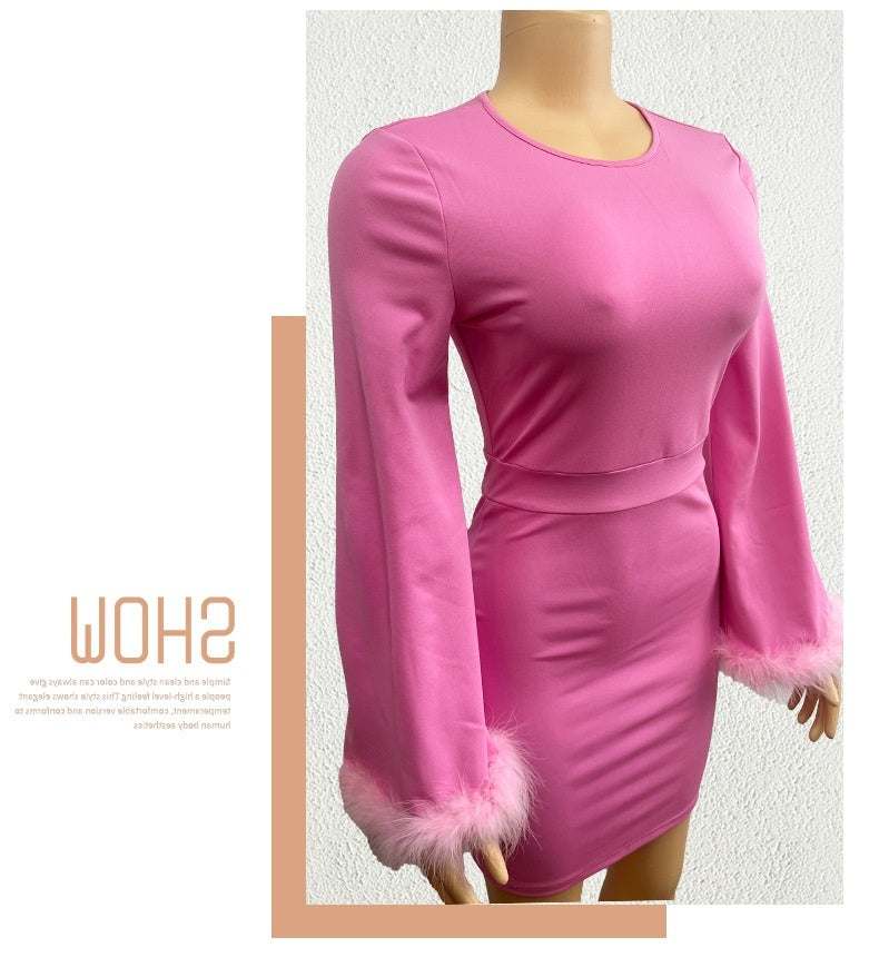 Autumn Elegant Square Collar Ostrich Feather Long Sleeve Socialite Lightly Mature Dress