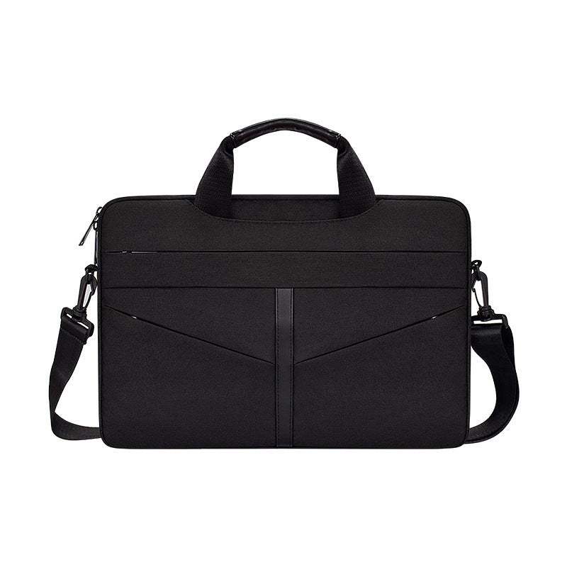 waterproof shoulder computer bag in black with adjustable strap and dual handles, featuring multiple storage pockets.