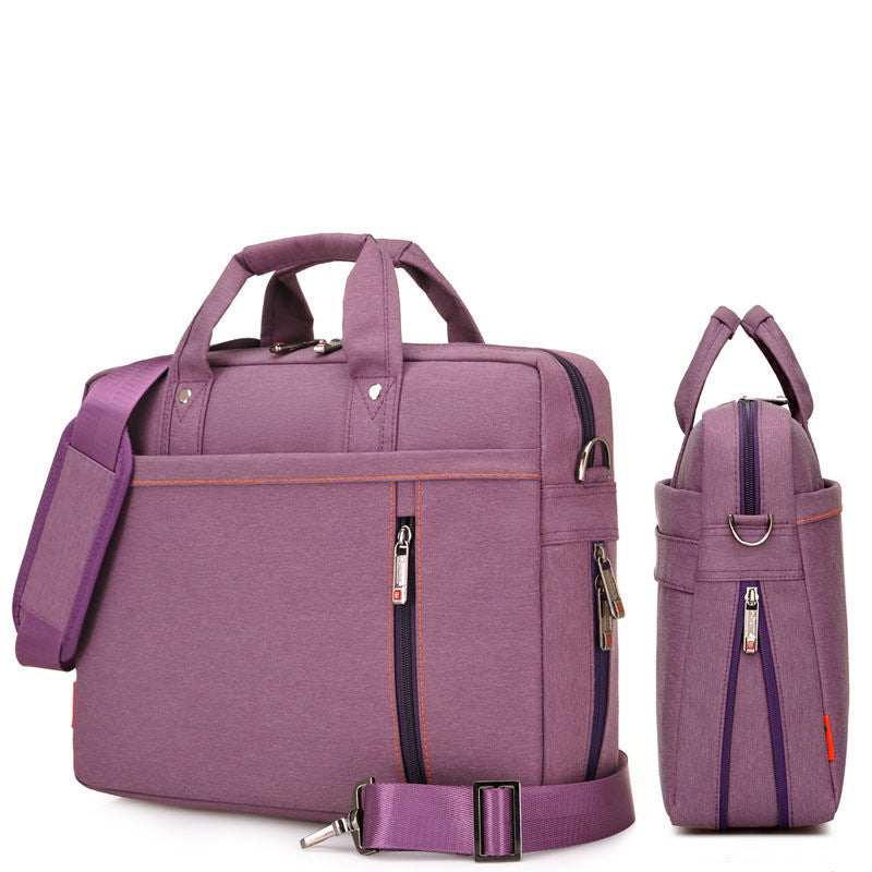 Waterproof Oxford cloth laptop bag in purple with adjustable strap and dual compartments for organization.