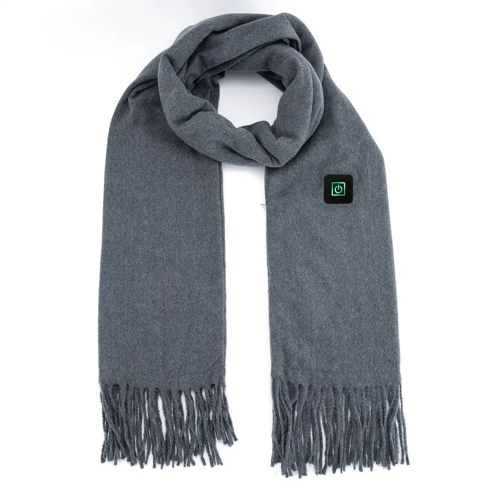 Electric heated winter scarf in gray with fringes and heating control button, perfect for outdoor winter activities.