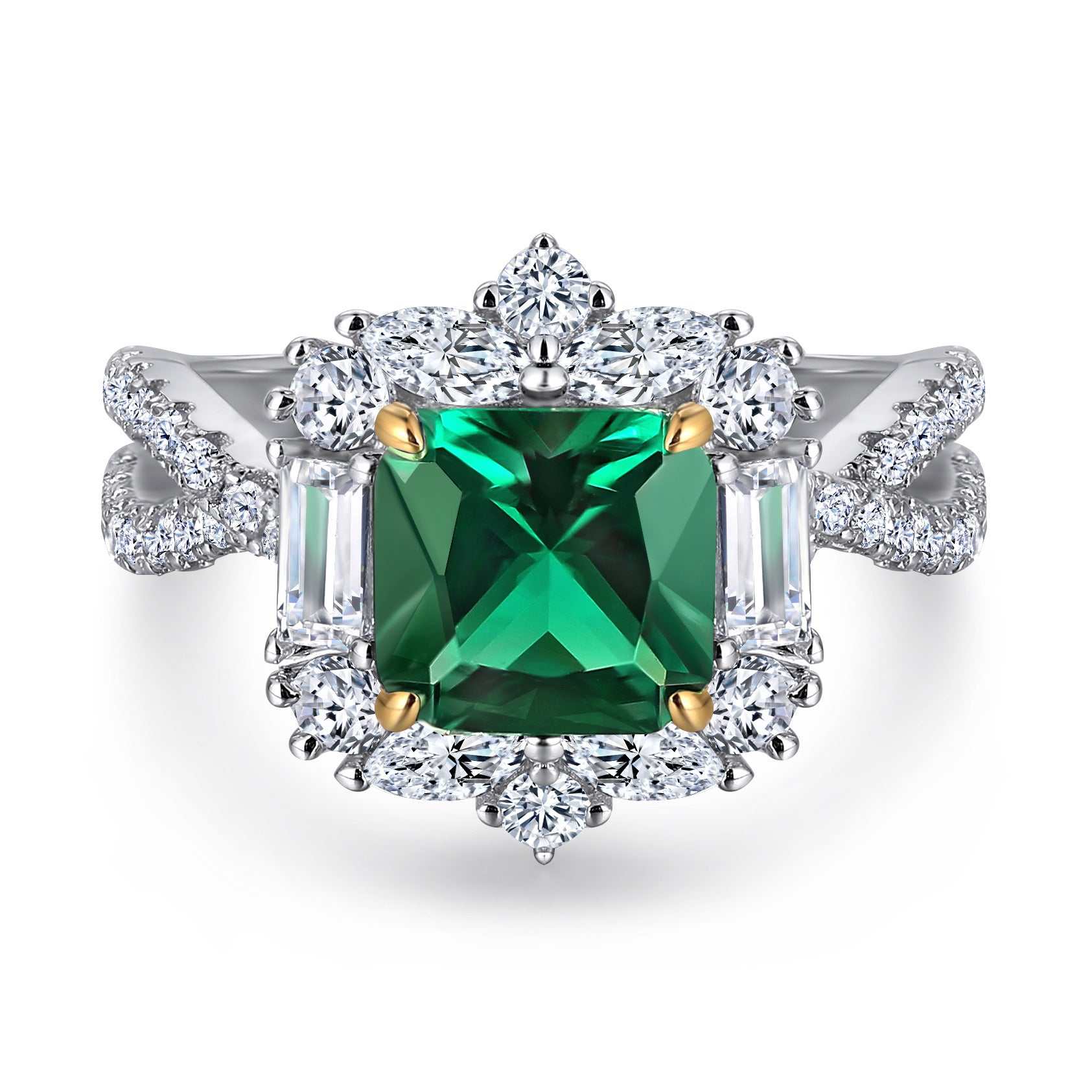 European Style Grandmother Engagement Ring silver band with green square gemstone and surrounding clear crystals
