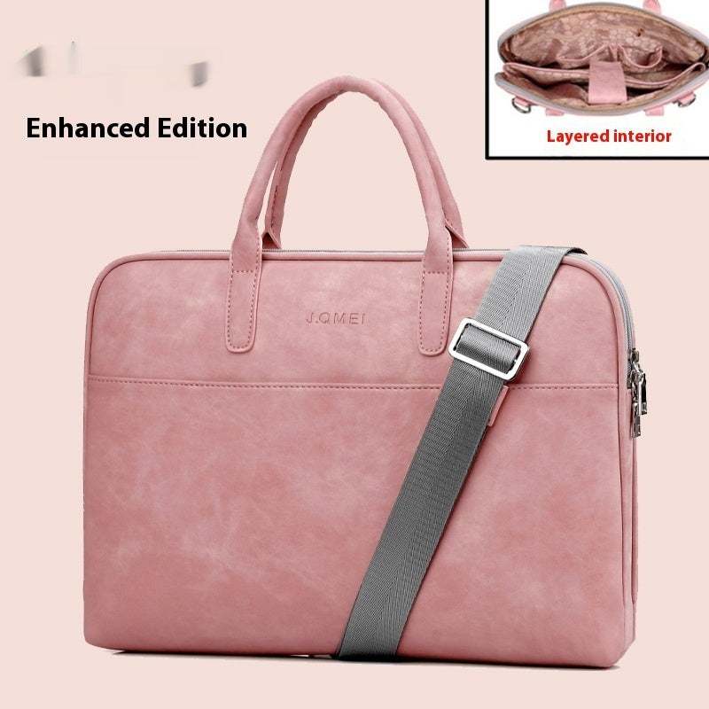 Faux leather laptop bag for women in pink with layered interior and adjustable strap.