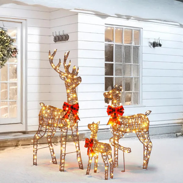 3-Piece Lighted Christmas Reindeer Family Set Outdoor Decorations, Weather Proof Rattan Deer Family Set Of 3 Christmas Ornament Home Decor Pre-lit 290 LED Warm White Lights, 5FT, Brown