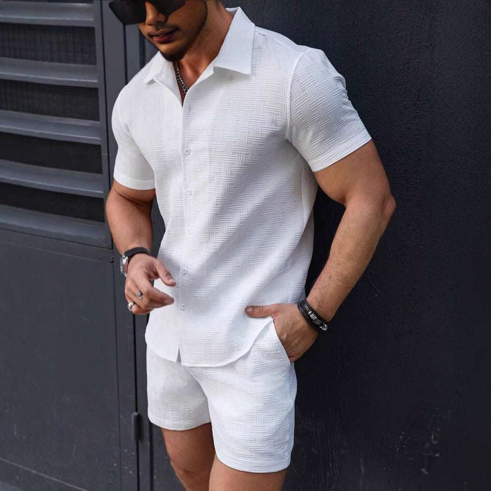 Leisure Breathable Beach Two Piece Suits Mens Summer Casual Short Sleeve Shirt And Shorts Men Outfits Vintage Textured Solid Set