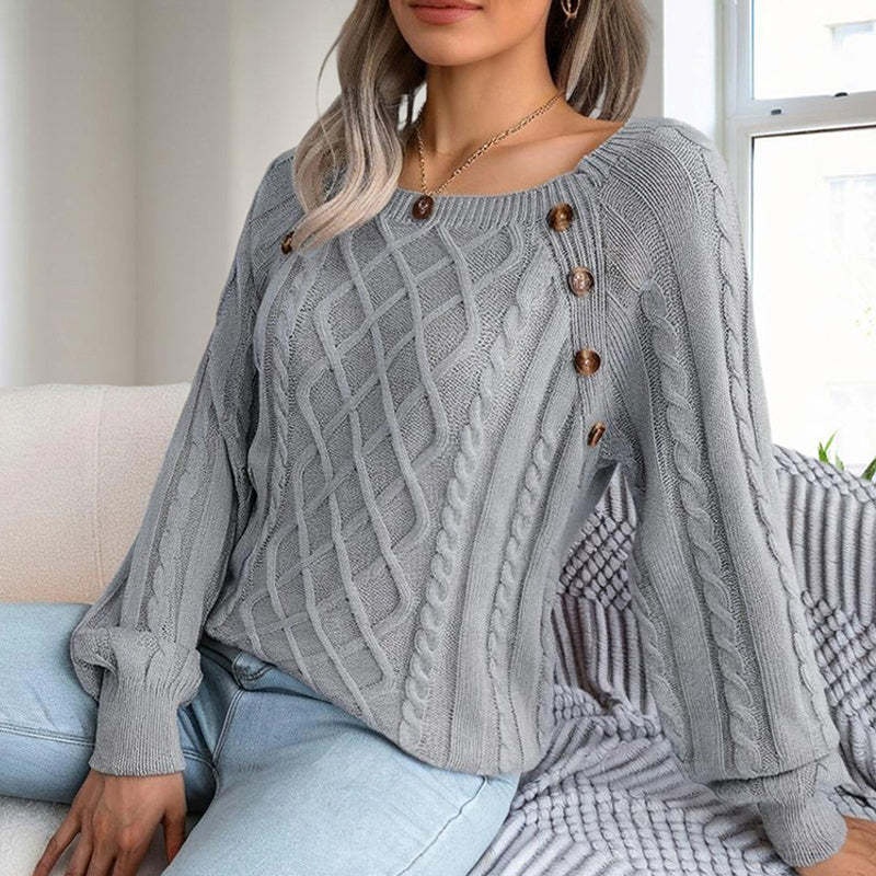 Women's cozy square neck knit top in gray with button details and textured ribbed pattern for fall and winter wear.