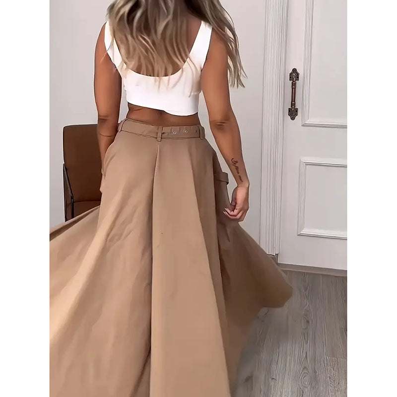 Women Two Piece Outfits Summer Cropped Vest Top High Waisted Slit Skirt Casual Matching Sets