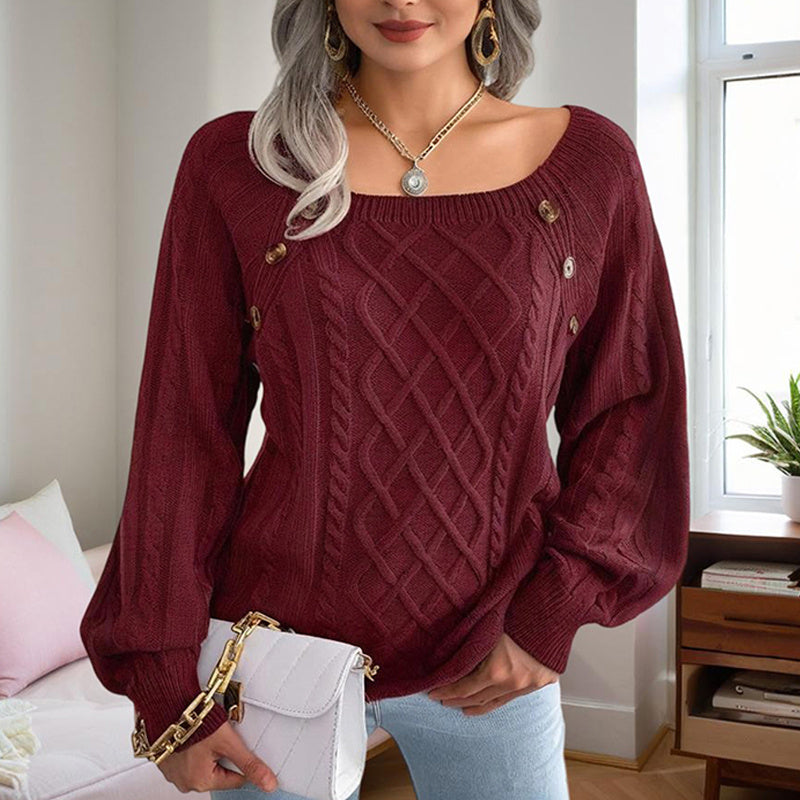 Women's cozy square neck knit top in burgundy with button detail and textured ribbed pattern, perfect for fall and winter.