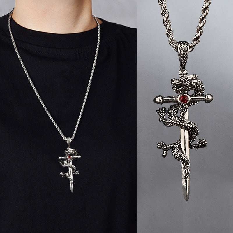Fashion Jewelry Dragon Sword Pendant Necklace Paved Black Color Jewelry For Men Boy Christmas Gifts
