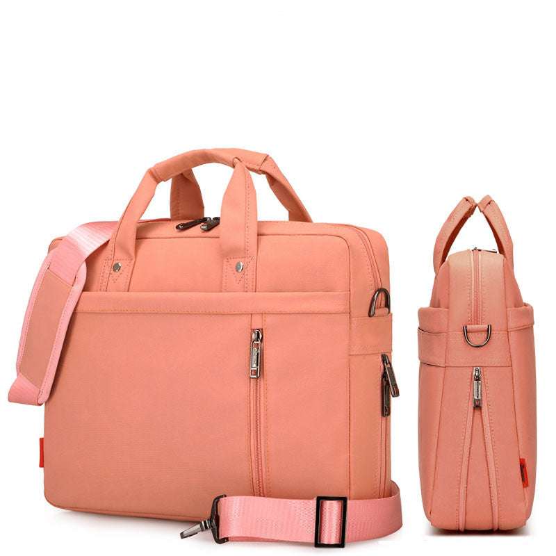 Waterproof Oxford cloth laptop bag in pink color, showcasing front and side views with multiple compartments.