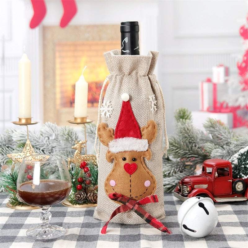 Christmas Holiday Decorations Linen Red Wine Bottle Bag