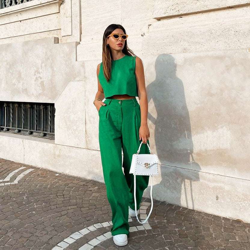 Solid Color Round Neck Sleeveless Vest Top And Trousers