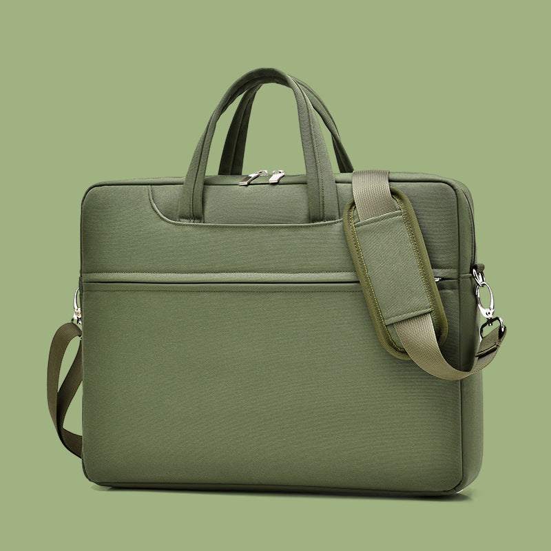 large capacity laptop bag for men in olive green, featuring sturdy handles and adjustable shoulder strap.