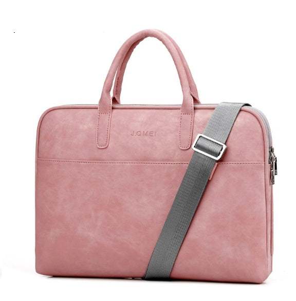 Faux leather laptop bag for women in pink with handles and adjustable strap.