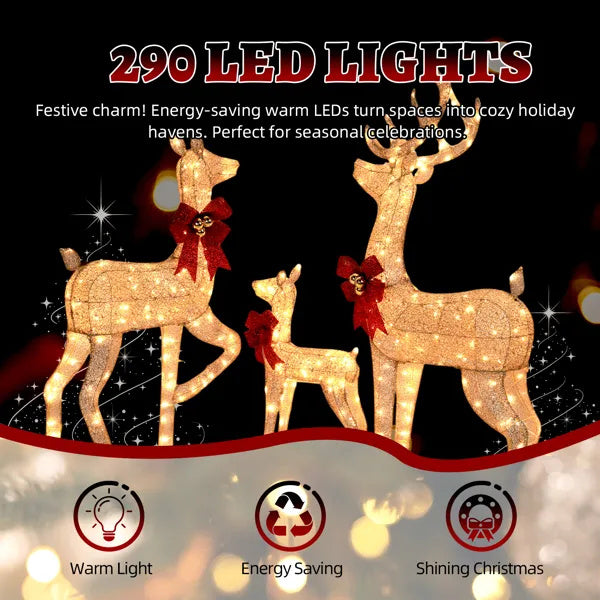 3-Piece Lighted Christmas Reindeer Family Set Outdoor Decorations, Weather Proof Sparkling Deer Family Set Of 3 Christmas Ornament Home Decor Pre-lit 290 LED Warm White Lights, 5FT, Golden