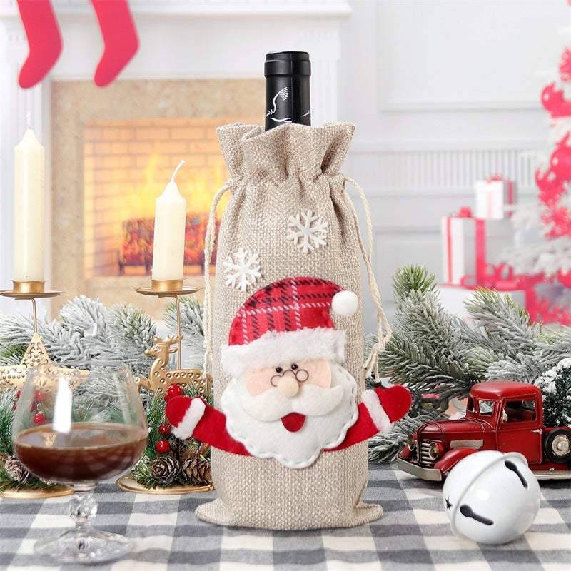 Christmas Holiday Decorations Linen Red Wine Bottle Bag