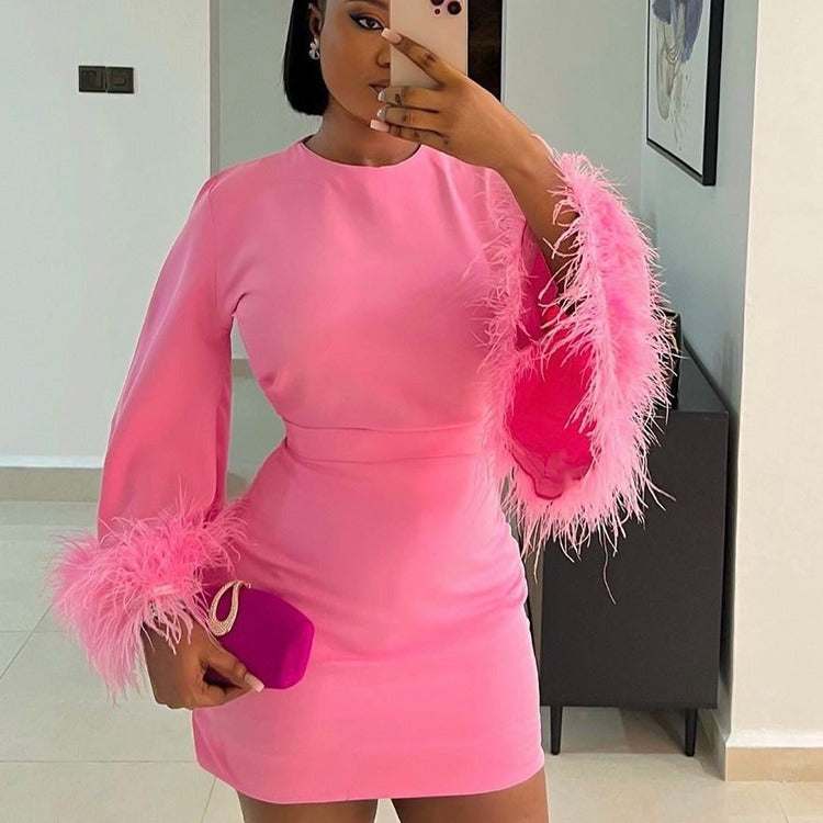 Autumn Elegant Square Collar Ostrich Feather Long Sleeve Socialite Lightly Mature Dress