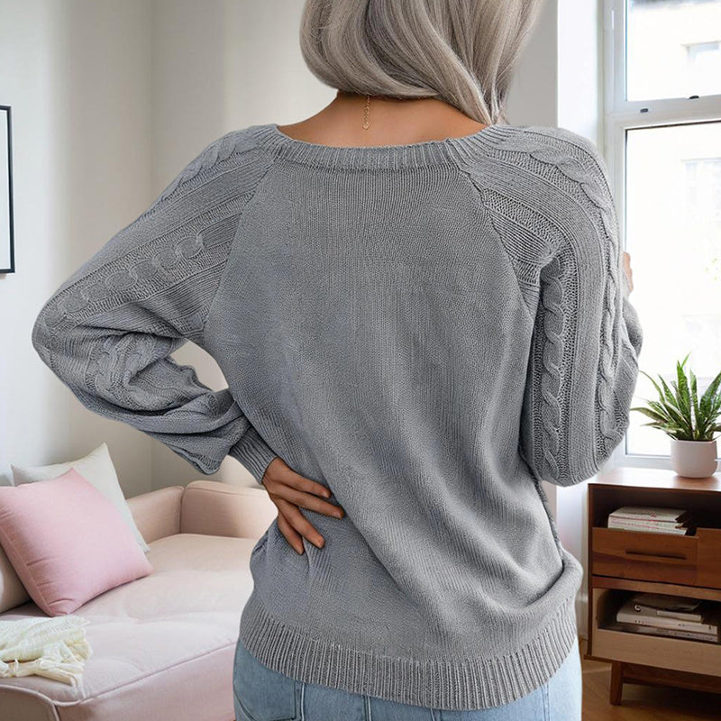 Women's cozy square neck knit top in light grey, featuring a textured cable knit design and relaxed fit, perfect for layering.