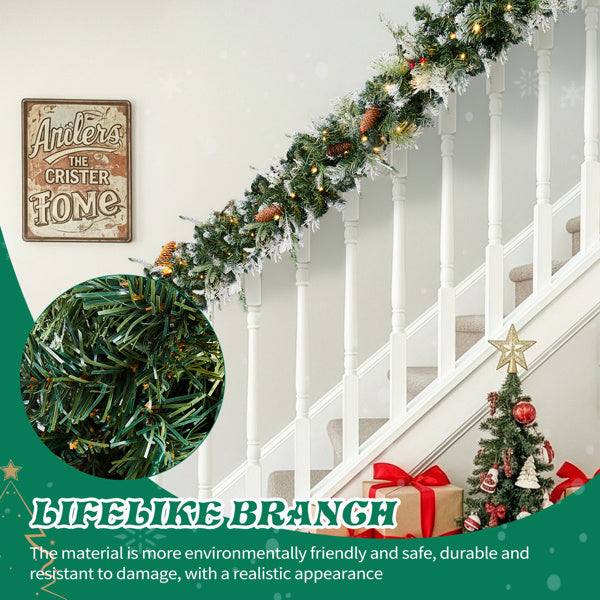 pre-lit snow flocked Christmas garland decorated on a staircase railing with lifelike branches and festive decor.