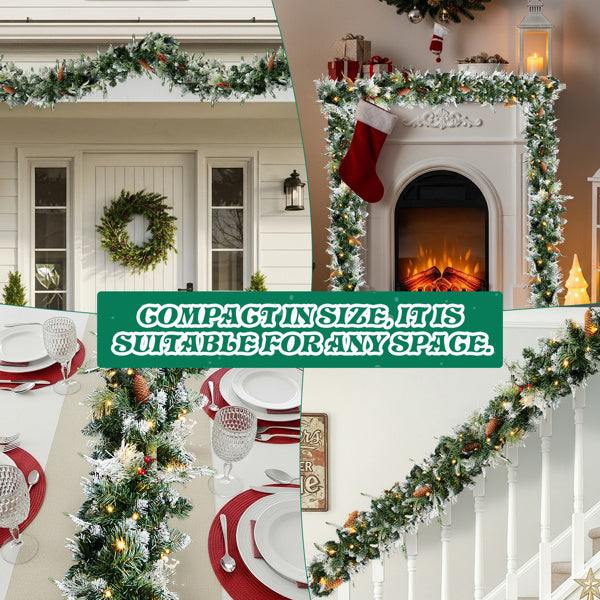 Pre-lit snow flocked Christmas garland displayed in various home settings, showcasing versatility for festive decoration.