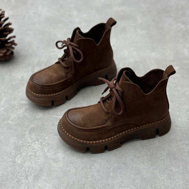 Platform Round Toe Lace-up Casual Cowhide Women's Boots