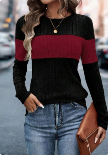 Women's Elegant Color-Block Round Neck Top - Basic Solid Color Contrast Casual Shirt For Fall&Winter