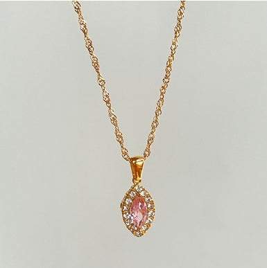 Durable titanium steel necklace featuring a pink zircon pendant and a twisted water chain design.