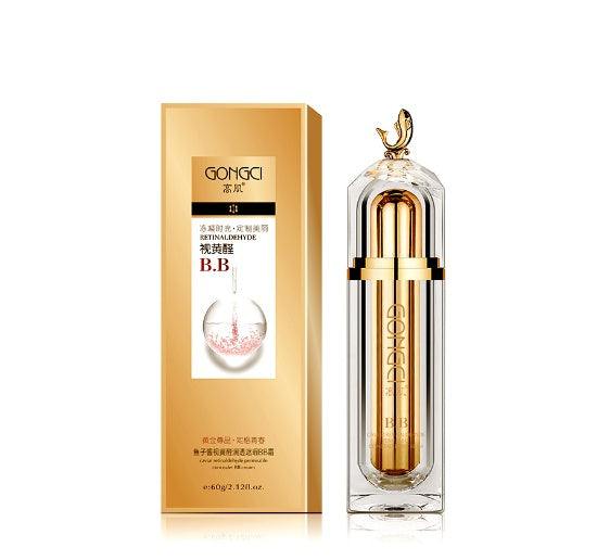 Alcohol Retinol Caviar BB cream in gold and clear luxury packaging for skin care