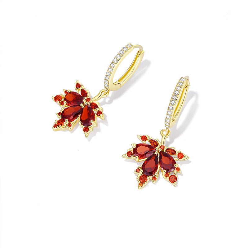 All-match fashion gold alloy earrings with red maple leaf and rhinestone design