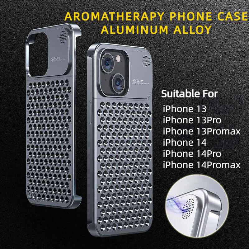 Aluminum alloy aromatherapy phone case for iPhone 13, 13 Pro, 13 Pro Max, 14, 14 Pro, and 14 Pro Max with unique design.