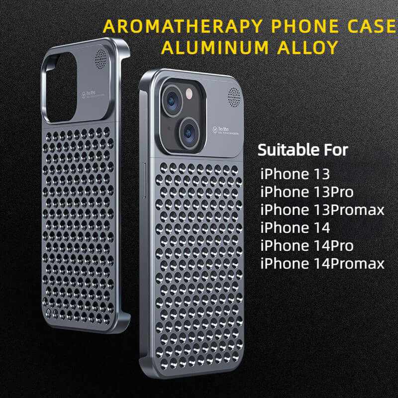 Aluminum alloy aromatherapy phone case designed for iPhone 13, 13 Pro, 13 Pro Max, 14, 14 Pro, and 14 Pro Max.