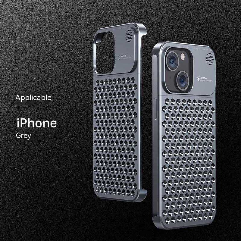 Aluminum alloy phone case for iPhone 14 13 Pro Max in grey, featuring anti-fall design and heat dissipation.
