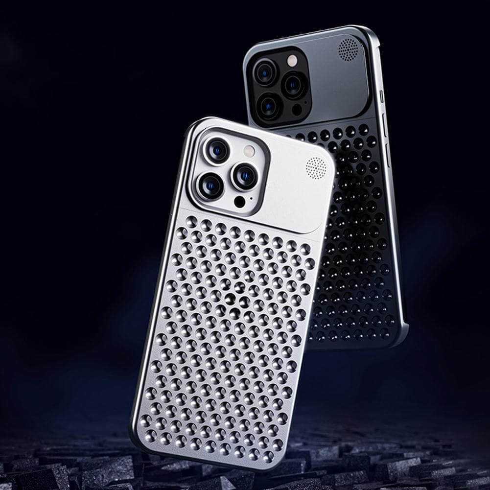 Aluminum alloy phone case for iPhone 13 Pro Max and 14 with anti-fall design and heat dissipation features.
