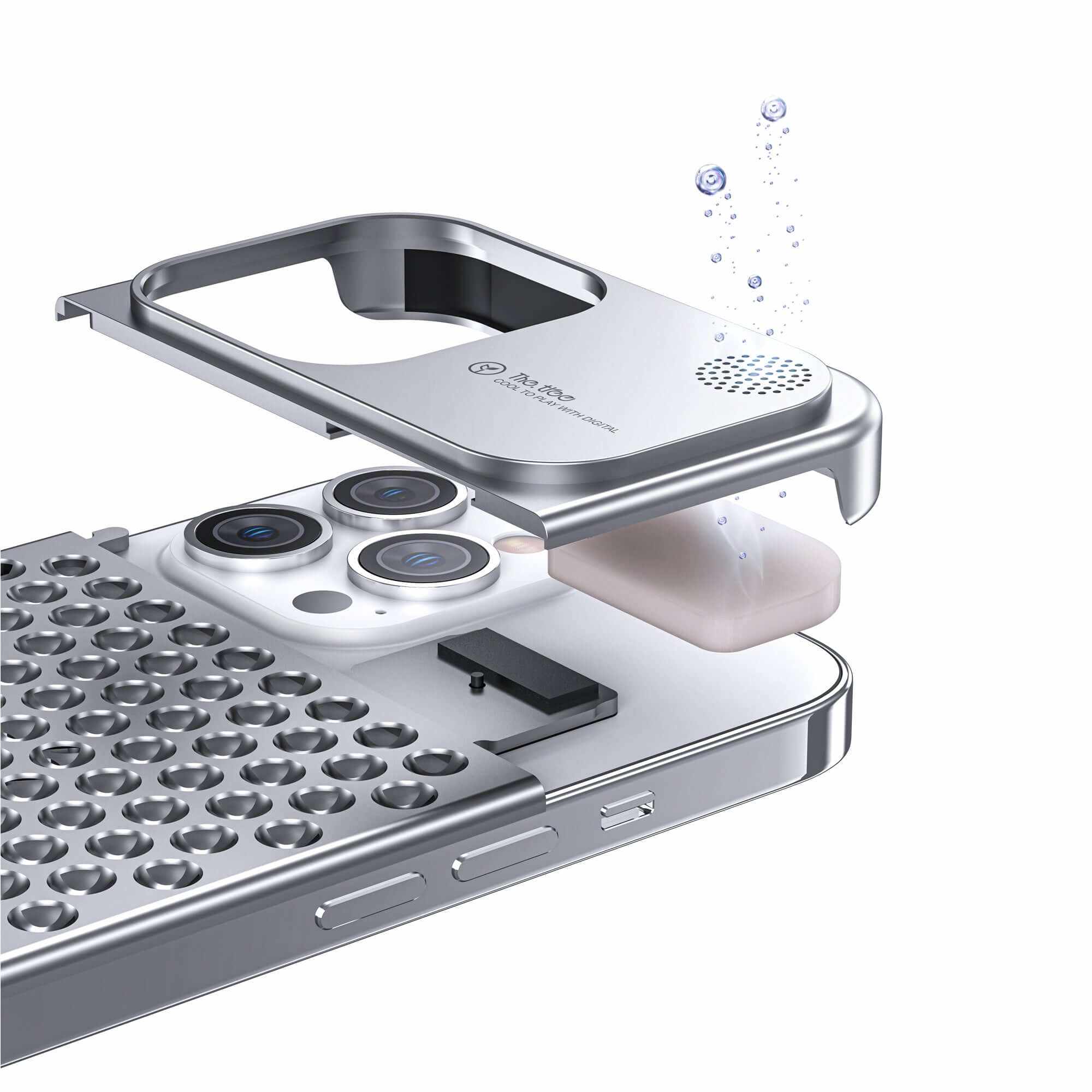 Aluminum alloy phone case for iPhone 14 and 13 Pro Max, featuring aromatherapy tablet and anti-fall design.